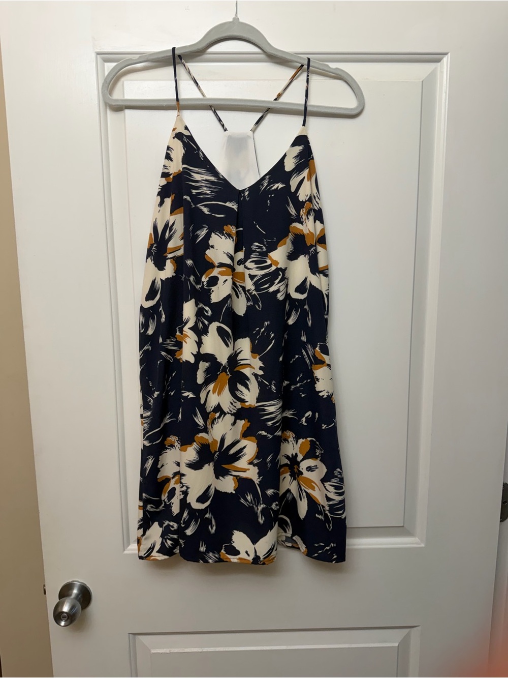 NWT Navy Floral Spaghetti-Strap Mini Dress with Cream & Gold Accents